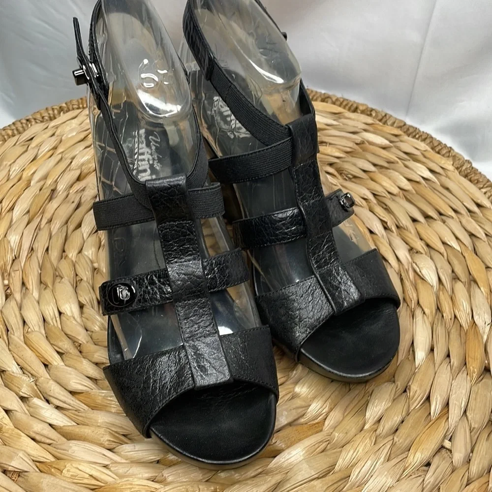 Umberto raffini Signature black, leather, and elastic wedge sandals